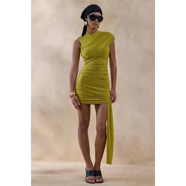 Nocturnal | Mini-Robe Vert Froncée avec Détail de Ceinture