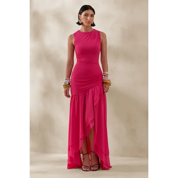 Noelia | Robe longue rose vif à col montant avec détails volantés
