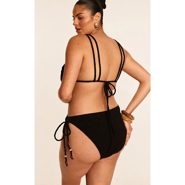 Noir Bas De Bikini Grande Taille À Liens Latéraux Avec Perles Texturées