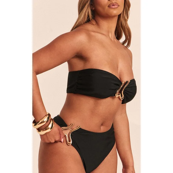 Noir Bas De Bikini Shape À Liseré Vague Doré