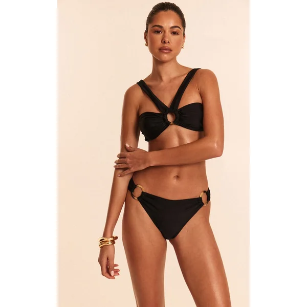 Noir Bas De Bikini Taille Haute Froncé Avec Anneau En O