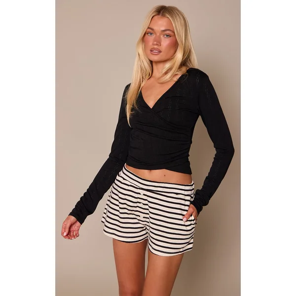 Noir & Blanc Short En Jersey Rayé Avec Logo Brodé Plt