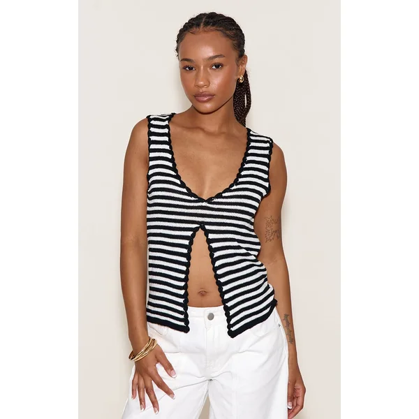 Noir & Blanc Top Petite En Maille À Détail Fente Devant