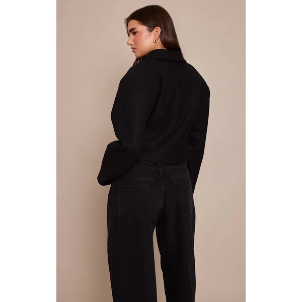 Noir Blazer Cintré Court Aspect Laine