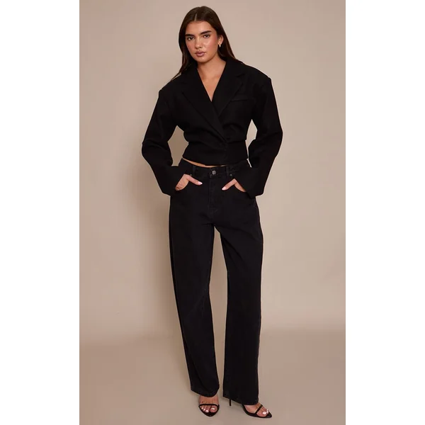 Noir Blazer Cintré Court Aspect Laine