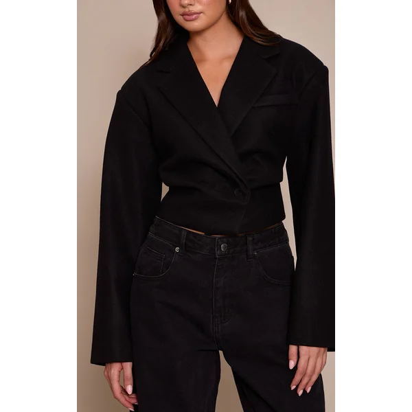 Noir Blazer Cintré Court Aspect Laine