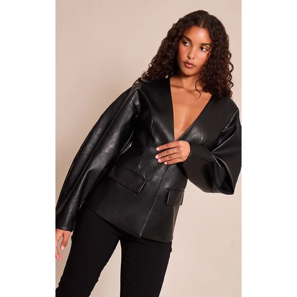 Noir Blazer Synthétique À Taille Cintrée