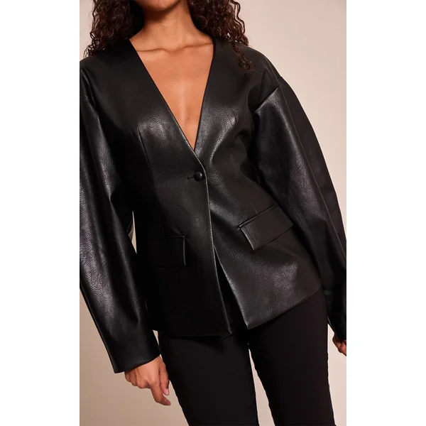Noir Blazer Synthétique À Taille Cintrée
