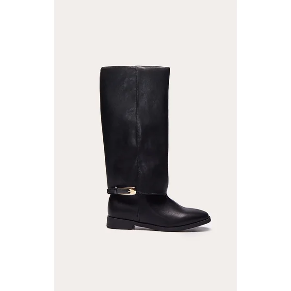 Noir Botte Cavalière Haute À Revers Chocolat