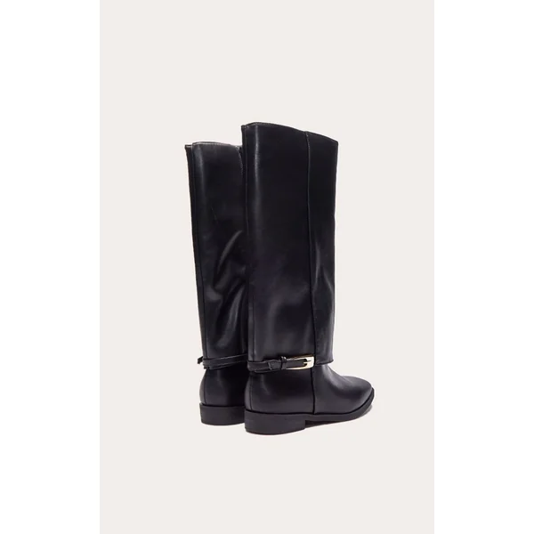 Noir Botte Cavalière Haute À Revers Chocolat