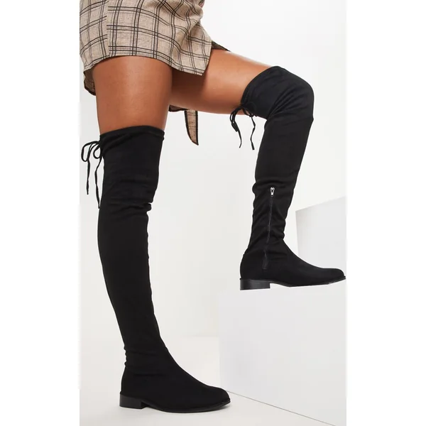 Noir Botte Plate Au-dessus Du Genou