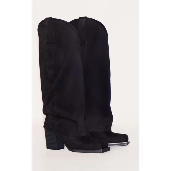 Noir Bottes Western Hautes Au-dessus Du Genou À Talon Bloc En Daim Bout Carré Avec Revers