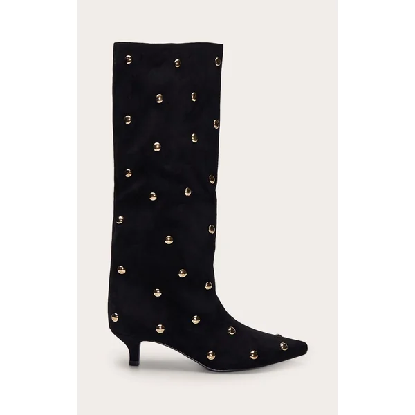 Noir Bottes À Talon Chaton En Daim Doré À Clous Bombés