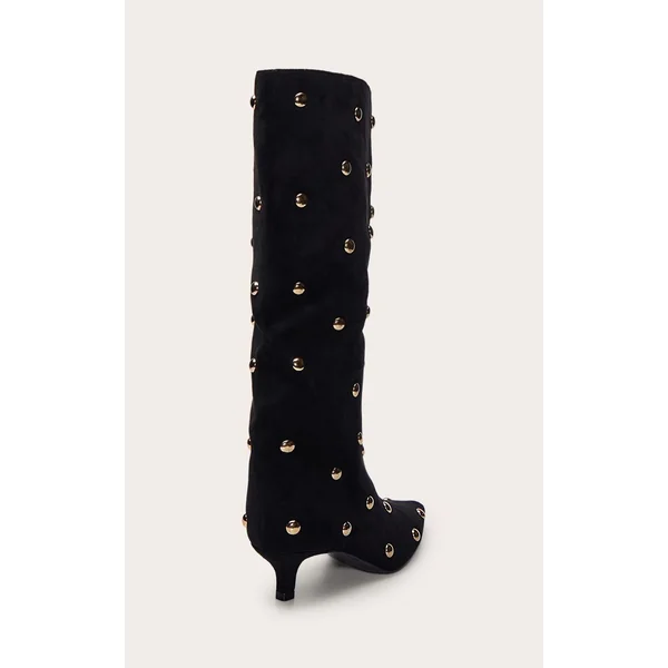 Noir Bottes À Talon Chaton En Daim Doré À Clous Bombés