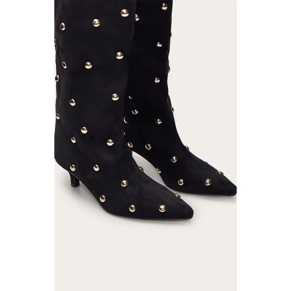 Noir Bottes À Talon Chaton En Daim Doré À Clous Bombés