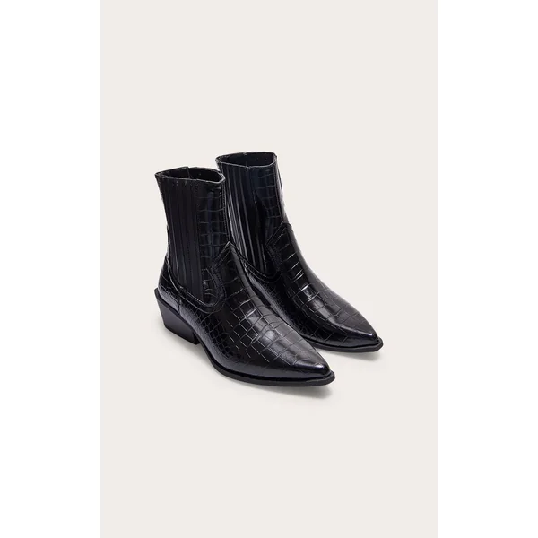 Noir Bottines Western À Bout Pointu Effet Croco Talon Bloc Bas