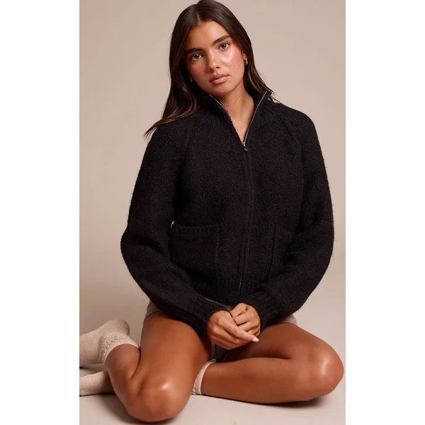 Noir Cardigan En Maille Zippé Avec Détail De Poches