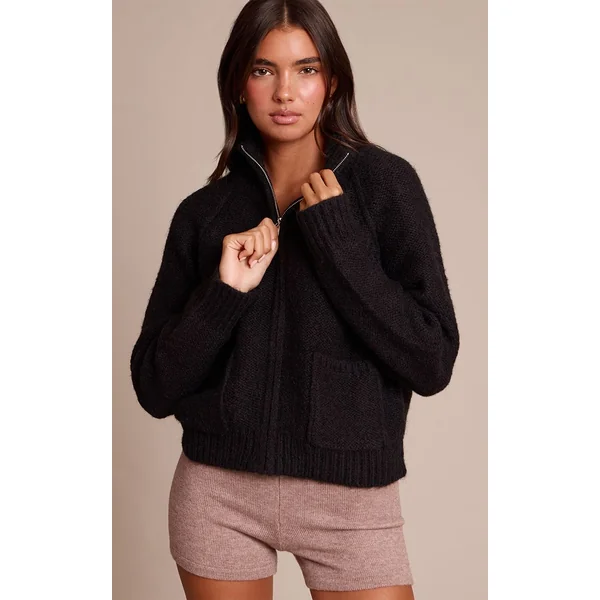 Noir Cardigan En Maille Zippé Avec Détail De Poches