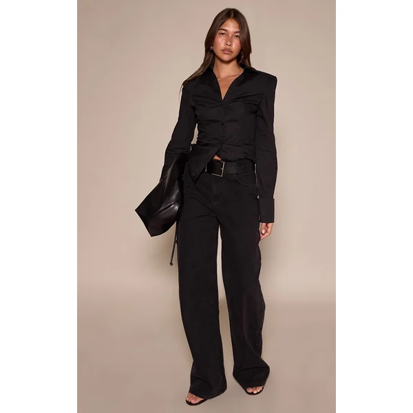 Noir Chemise En Coton À Épaulettes Et Détail De Poignets Froncés