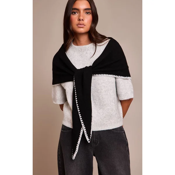 Noir Châle En Maille À Pompons Contrastés