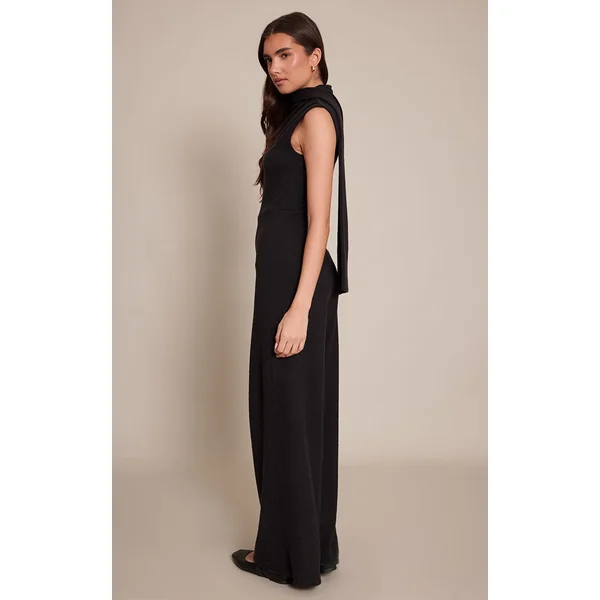Noir Combinaison Pantalon Large Côtelée Avec Détail Foulard Froncé