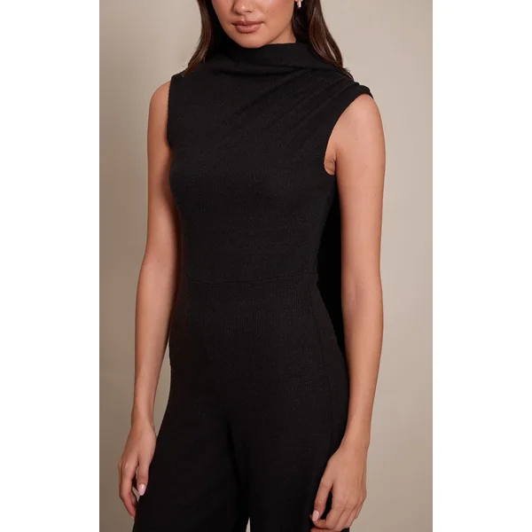 Noir Combinaison Pantalon Large Côtelée Avec Détail Foulard Froncé