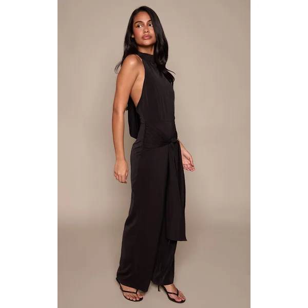 Noir Combinaison Pantalon Large À Col Montant Texturé Avec Nœud Devant