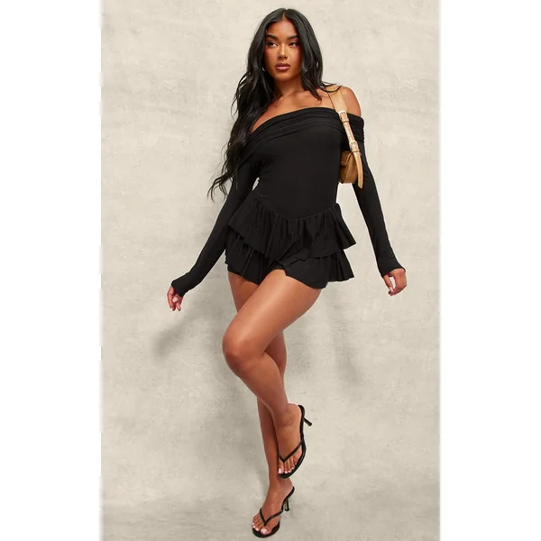 Noir Combi-short Jupe À Volants Épaules Dénudées Manches Longues En Tissu Fluide