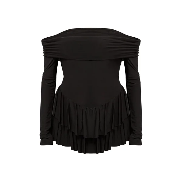 Noir Combi-short Jupe À Volants Épaules Dénudées Manches Longues En Tissu Fluide