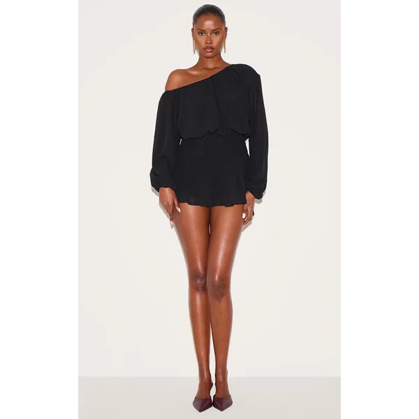 Noir Combi-short Jupe-culotte En Mousseline Vert Foncé À Une Épaule Avec Détail Flottant