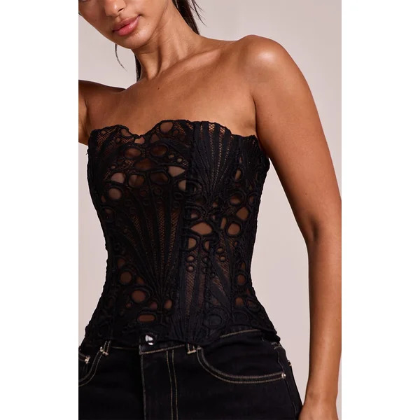 Noir Corset En Dentelle Florale Transparente Texturée Petite Taille