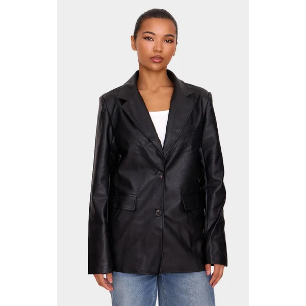 Noir Délavé Blazer En Synthétiquecuir Texturé