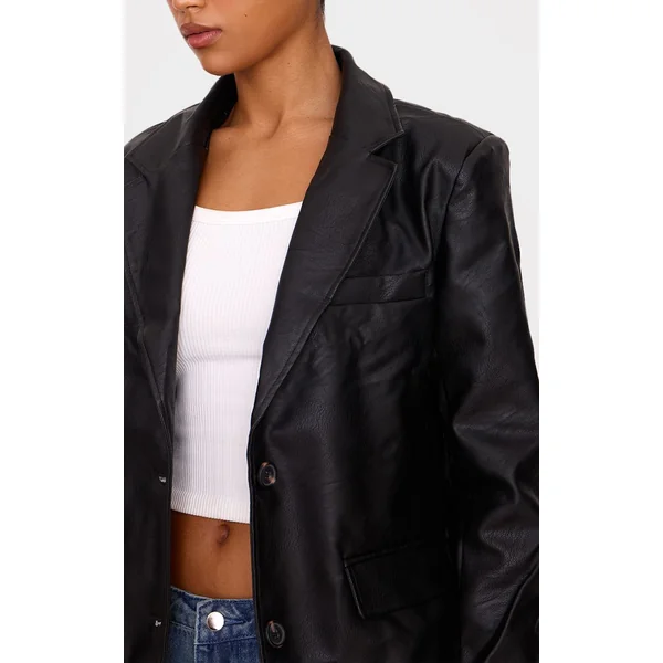 Noir Délavé Blazer En Synthétiquecuir Texturé