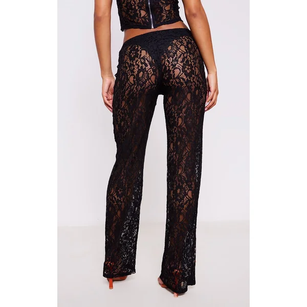 Noir Délavé Pantalon Évasé Taille Haute En Dentelle