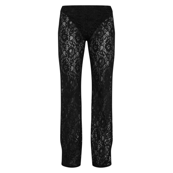 Noir Délavé Pantalon Évasé Taille Haute En Dentelle