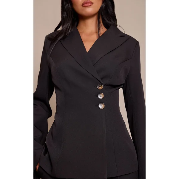 Noir Ensemble Blazer Cintré À La Taille En Tissu Tissé