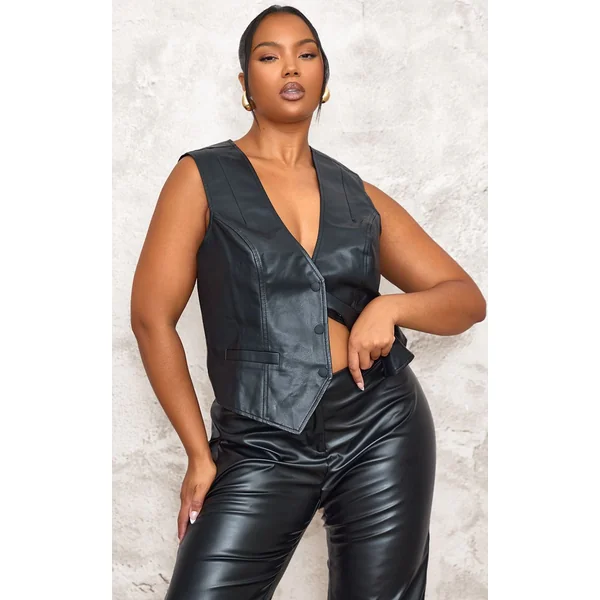 Noir Gilet Ajusté Grande Taille En Synthétiquecuir