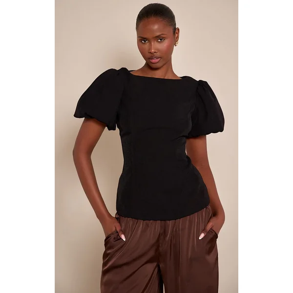 Noir Haut Ajusté Tissé À Manches Bouffantes