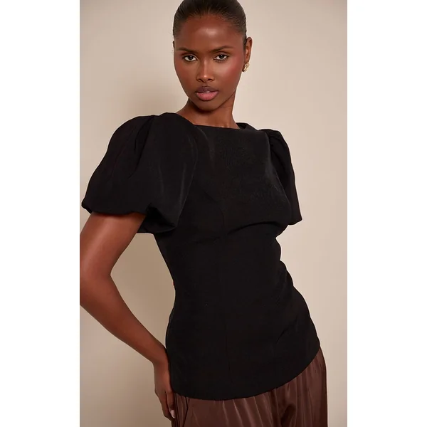 Noir Haut Ajusté Tissé À Manches Bouffantes
