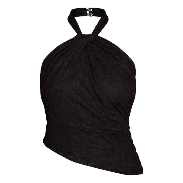 Noir Haut Asymétrique À Col Licou Torsadé En Dentelle