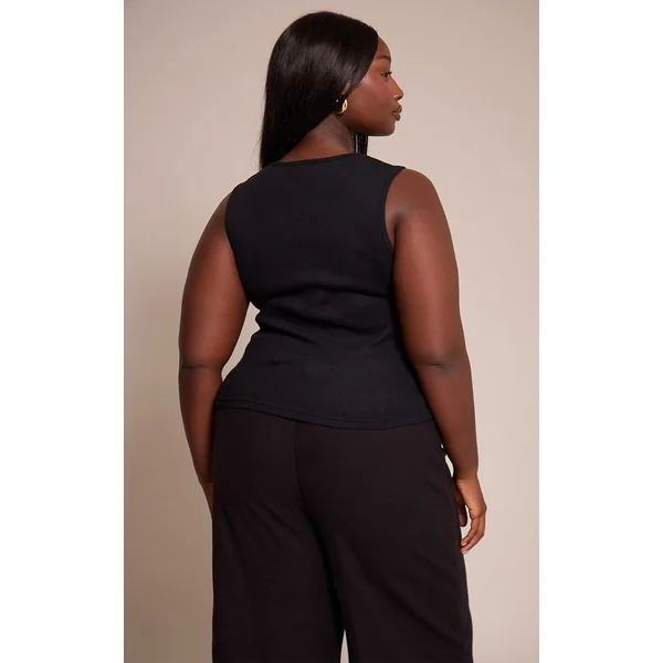 Noir Haut Côtelé Grande Taille Col Carré Toucher Doux