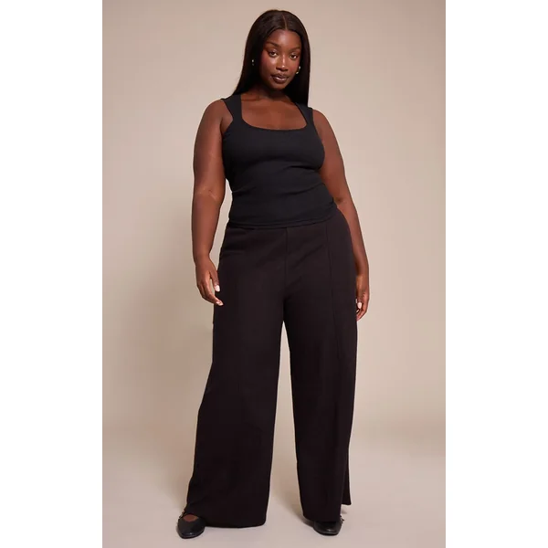 Noir Haut Côtelé Grande Taille Col Carré Toucher Doux