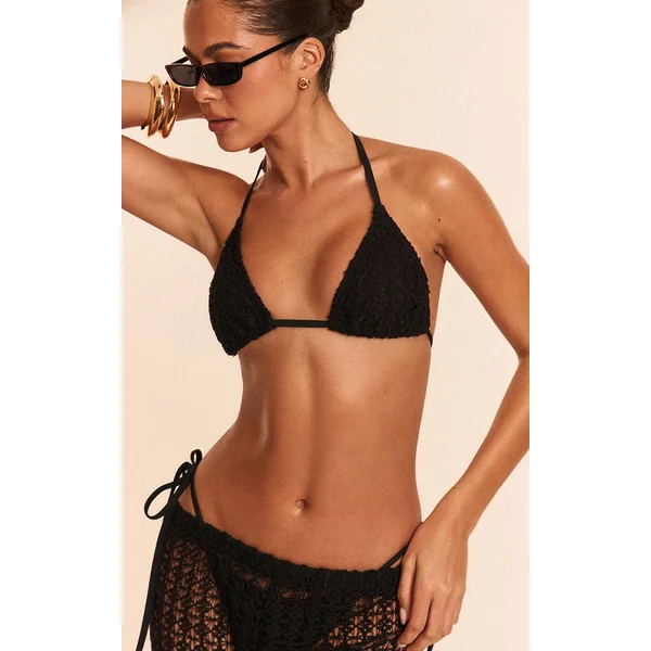 Noir Haut De Bikini Triangle Avec Superposition Au Crochet