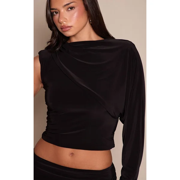 Noir Haut Moulant Asymétrique À Manche Unique Avec Détails Drapés