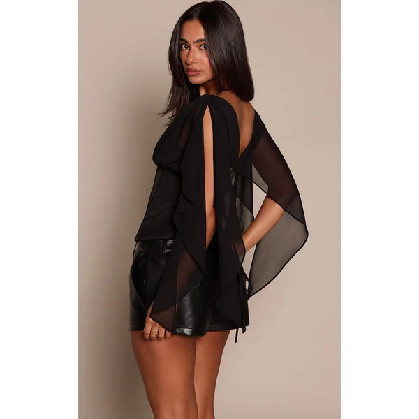 Noir Haut Petite En Mousseline À Manches Drapées Et Taille Corset