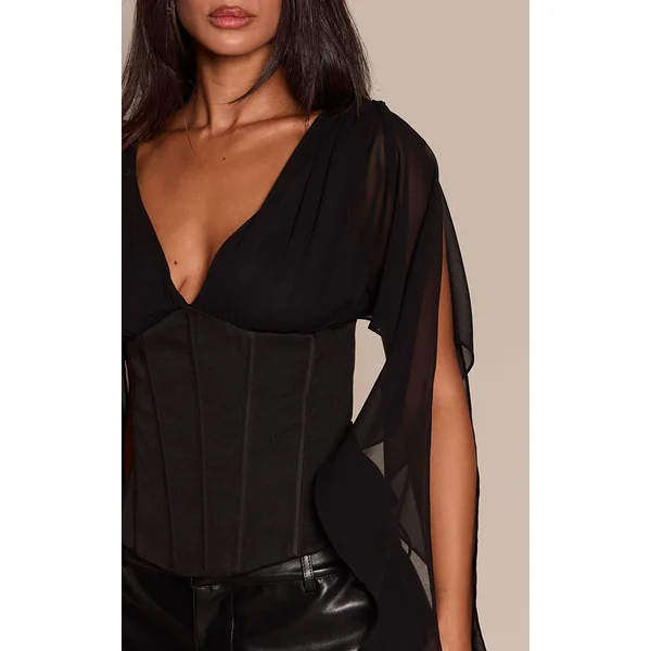Noir Haut Petite En Mousseline À Manches Drapées Et Taille Corset