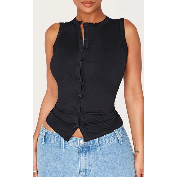 Noir Haut Sans Manches Asymétrique À Boutonnage Devant Shape