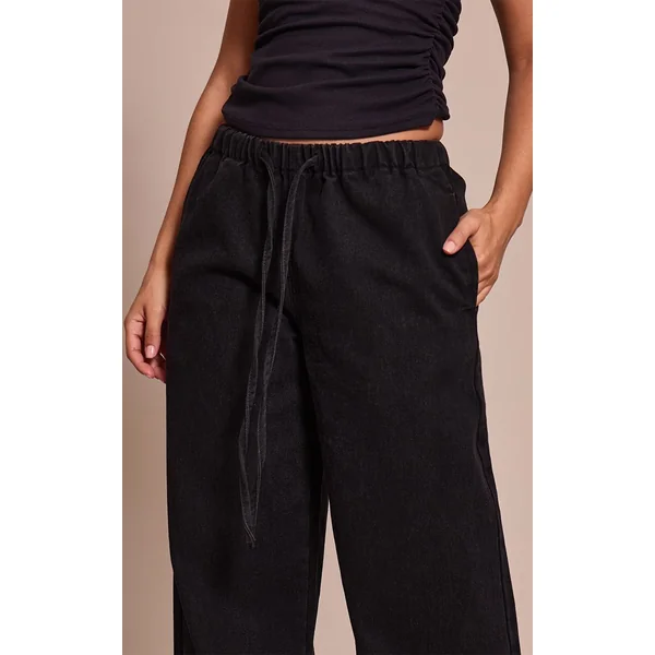 Noir Jean Large Taille Haute Élastiquée Avec Lien En Denim Petite