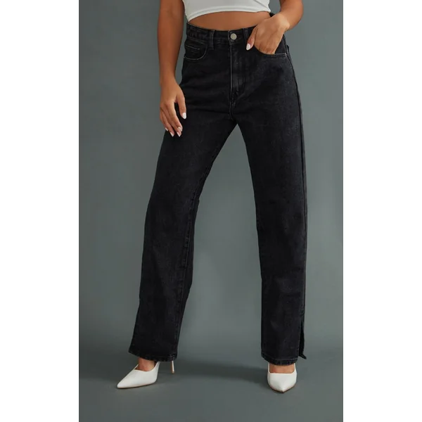 Noir Jean Petite Coupe Droite À Ourlet Fendu