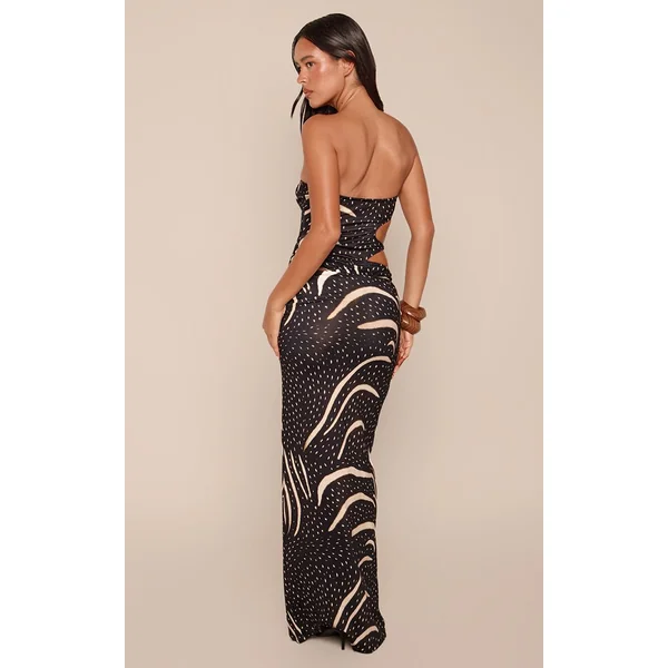 Noir Jupe Longue Asymétrique À Imprimé Abstrait Toucher Doux Ensemble Coordonné